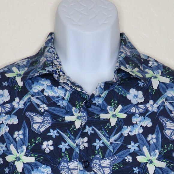 Denim & Flower*‎ Men's Short Sleeve Button Down Curved Hem Floral Shirt~ Large - Picture 10 of 11